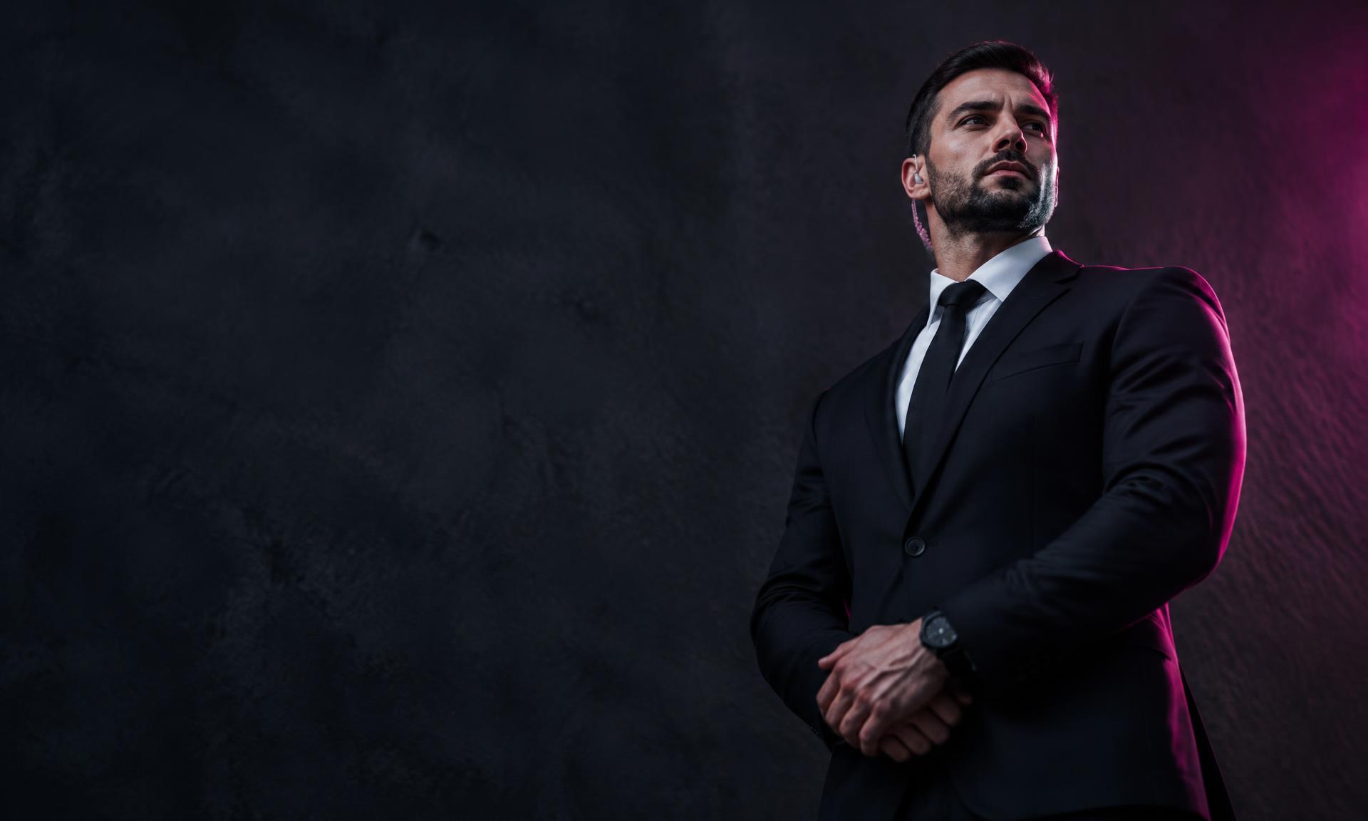 Illustrative security professional in a dark suit